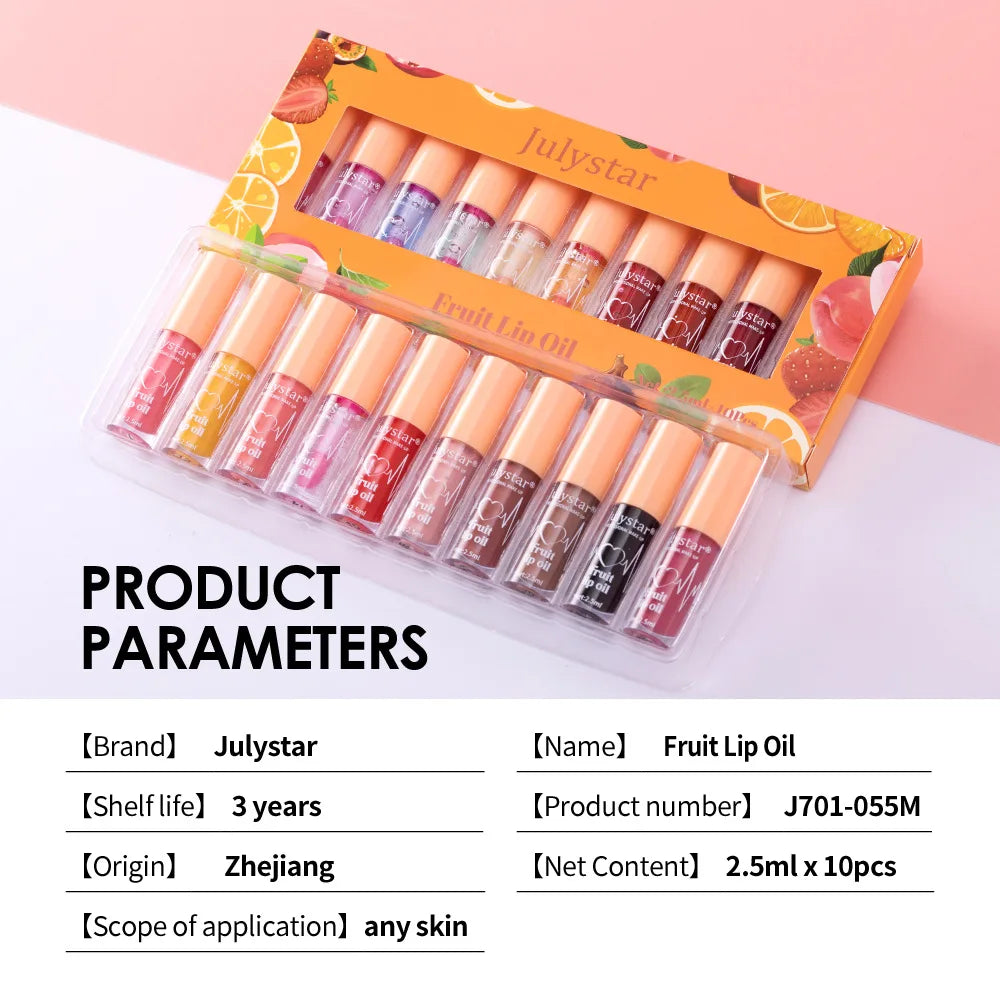 10Color Fruit Flavor Temperature Changing Lip Oil Set Hydrating Glossy Lip Gloss Brightening Water Light Lip Makeup Cosmetic Kit