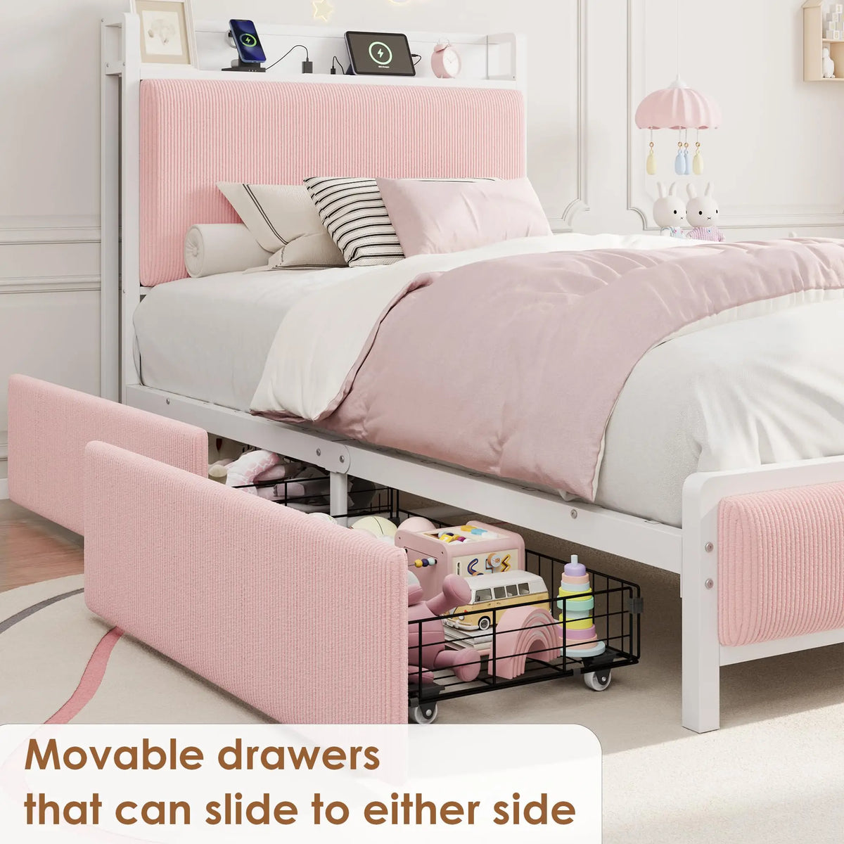Twin/Twin XL Bed Frame With 2 Drawers, Charging Station, Corduroy Upholstered Shelf Headboard, Underbed Storage, No Box Spring