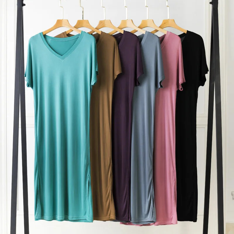 Women's Casual Summer New 23% Natural Mulberry Silk Side Slit V-neck Loose Shoulder Short Sleeved Solid Color Base Knitted Dress