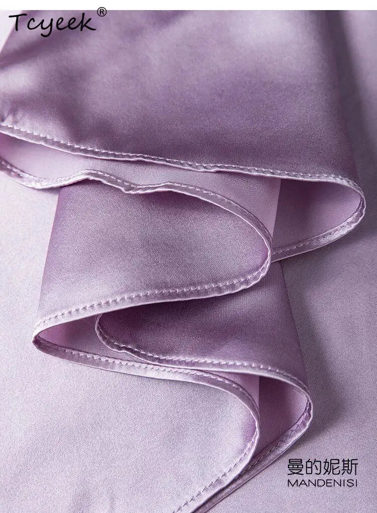 Tcyeek 21MM 100% Mulberry Silk Night Dress for Women Comfortable Sleepwear Women's Home Clothes Thin Purple Sommerkleid Damen