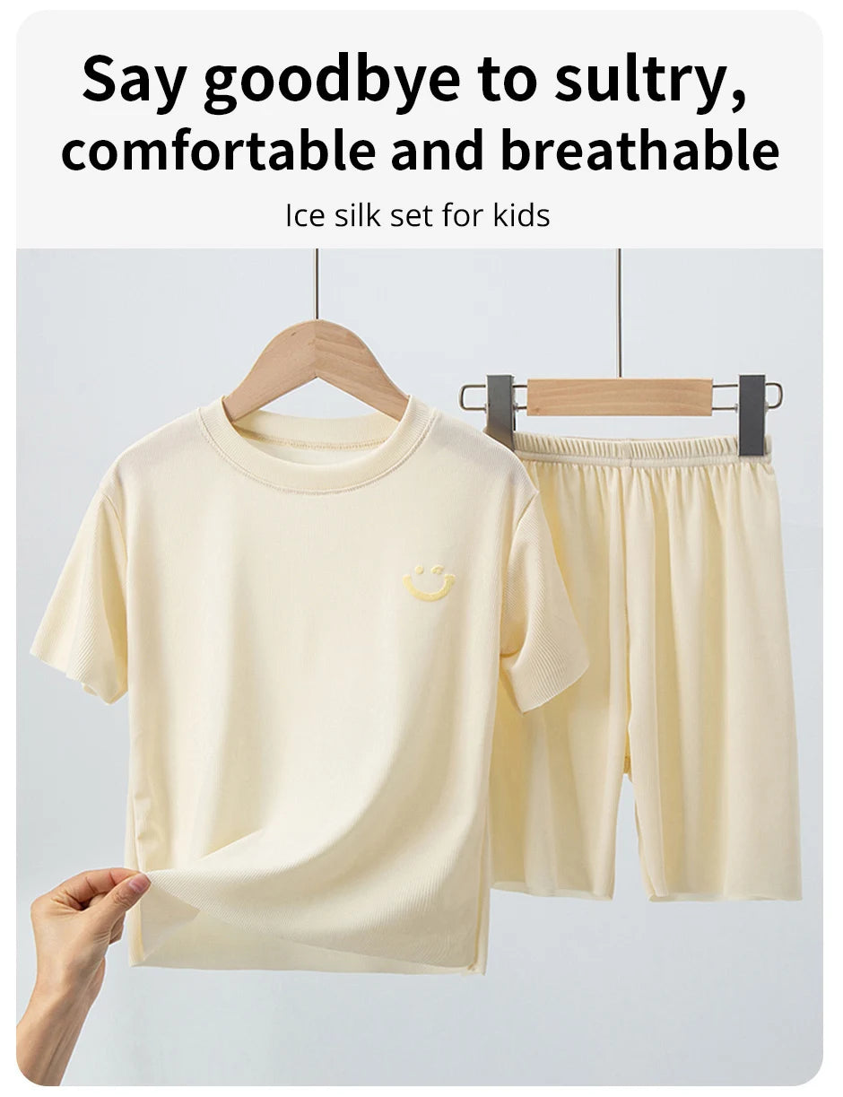 2-piece Summer Children's Solid Color Ice Silk Suit Boys Casual Fashion Cool Short-sleeved Girl Han Fan Joker Shorts Home Clothe