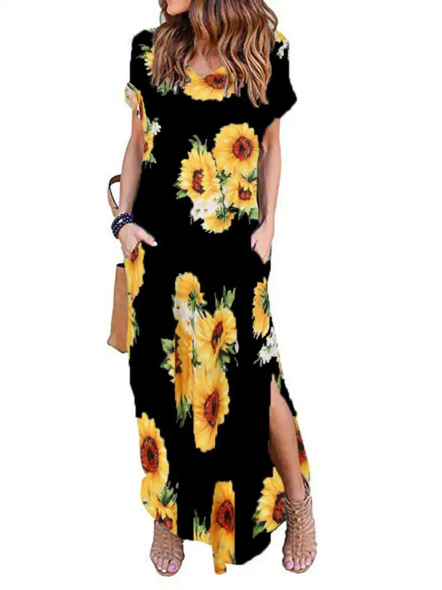 Pure Color Splice Short Sleeve V-Neck Slit Long Dress Loose Fit Women's Summer Cotton Polyester Maxi Dress Citywalk
