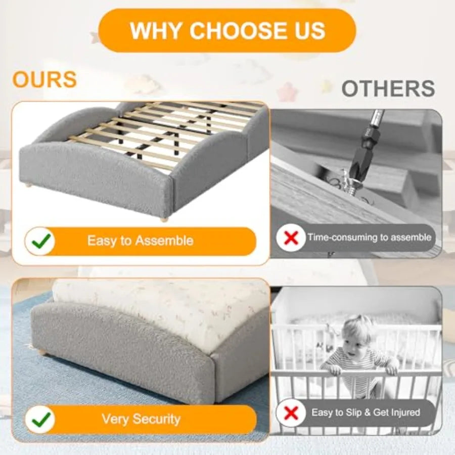 Twin Size Bed Frame for,Light Gray Fabric Upholstered with Wooden Slats and Hidden Storage Compartment