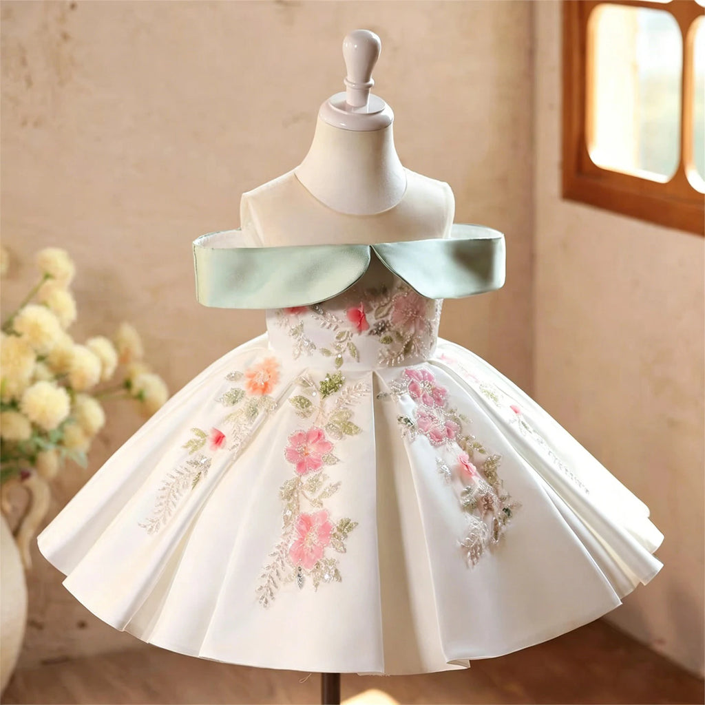 Dreamy Vow D289 White Floral Flower Girl Dress Mint Green Bow Princess Gown Off Shoulder Tulle Wedding Party Bridesmaid Dress
