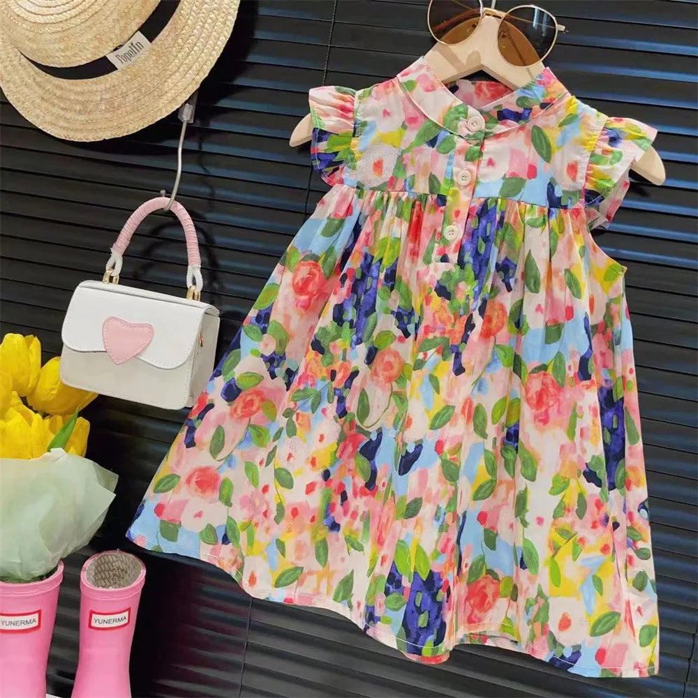 Girls' Floral Ruffled Sleeveless Dress | Casual Summer A-Line