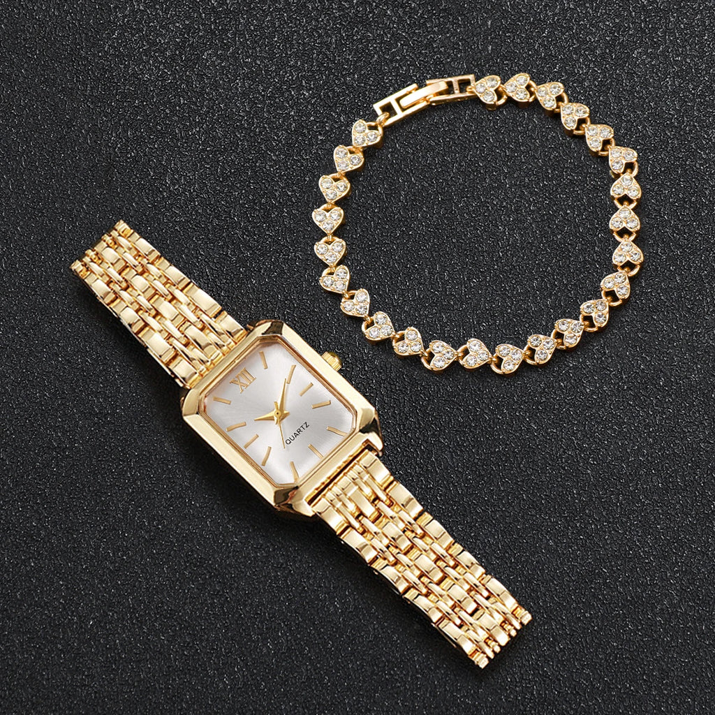 2PCS/Set Fashion Rectangle Women Quartz Watch Ladies Roma Dial Wristwatches Rhinestone Bracelet Set Reloj Mujer Girls Clock Gift