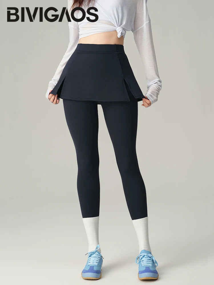 BIVIGAOS Fake Two-Piece Split Skirts Leggings Women Tennis Skirt Built-In Pockets Tight Sports Fitness Yoga Sharkskin Leggings