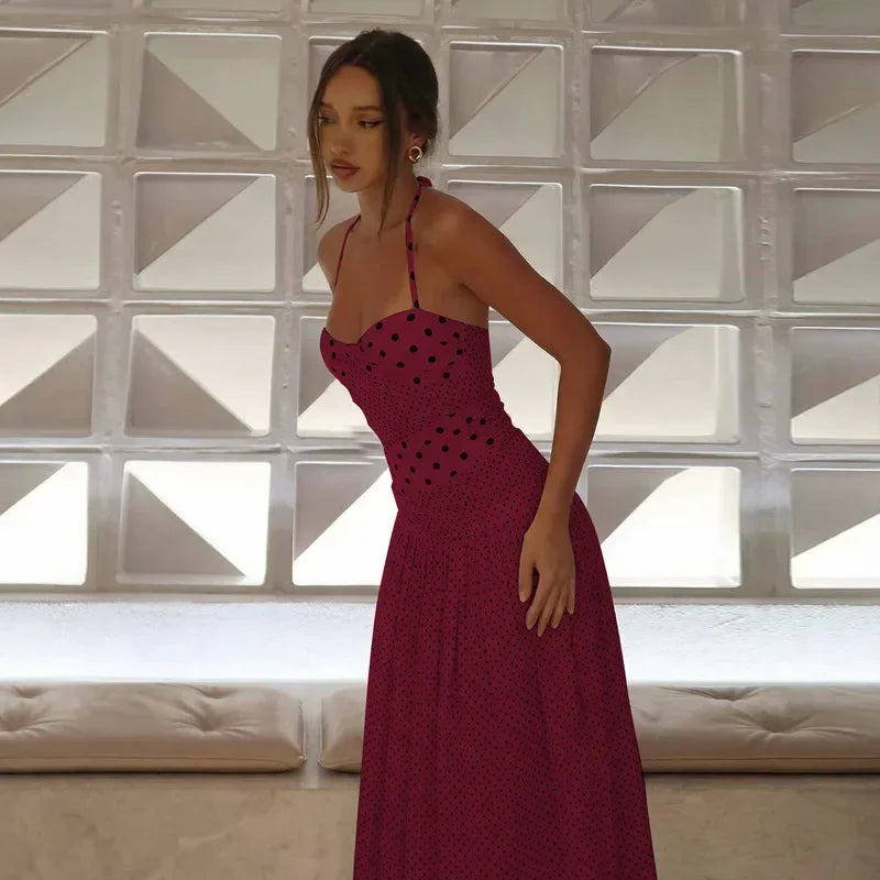 2026 Summer New Collection Womens Sexy Neck Hanging Polka Dots Retro Pleated Temperament Polka Dot Dress