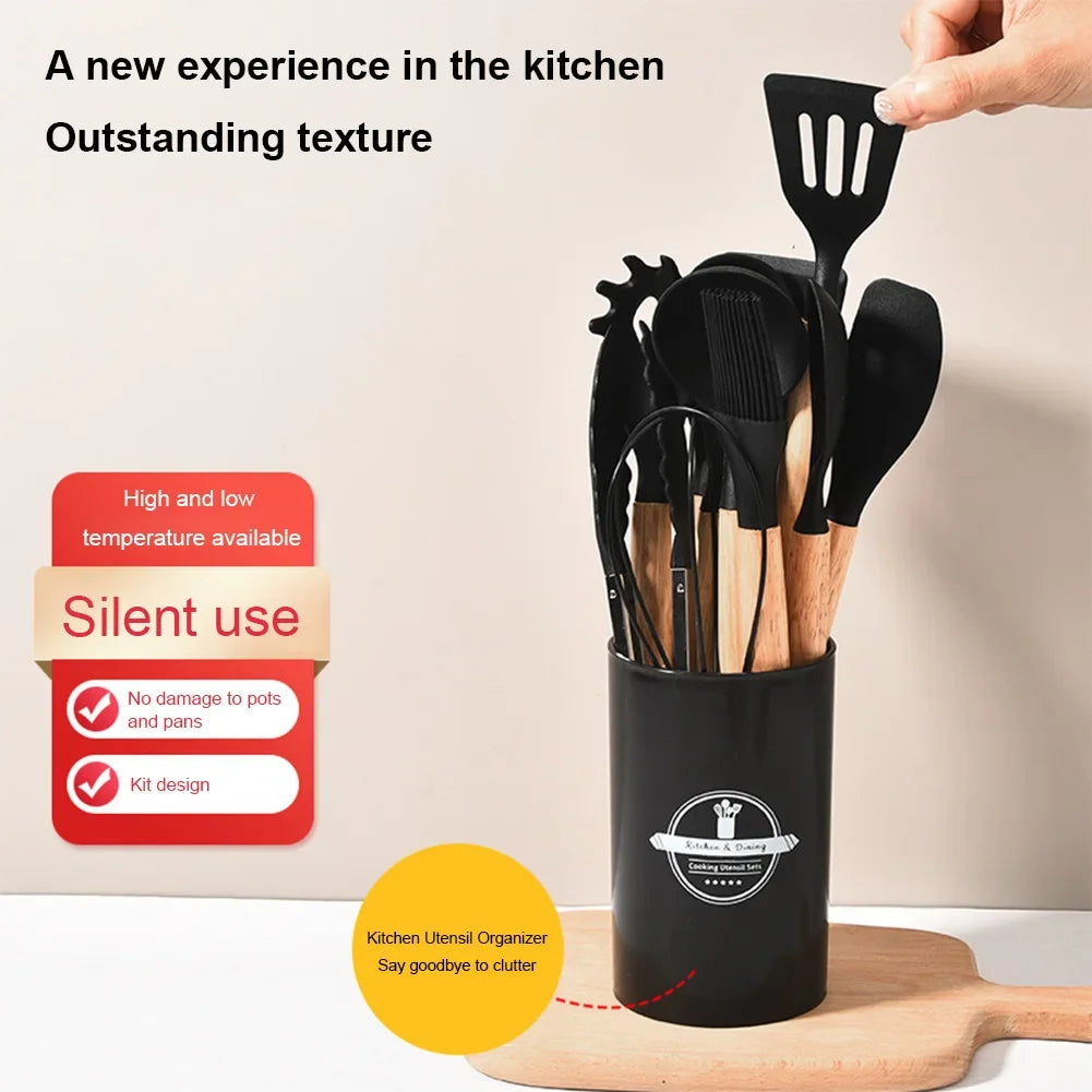 12Pcs Kitchen Utensil Set Silicone Spatula Set Wooden Handle Cooking Tools Kit with Holder Heat-Resistant Cookware for Kitchen