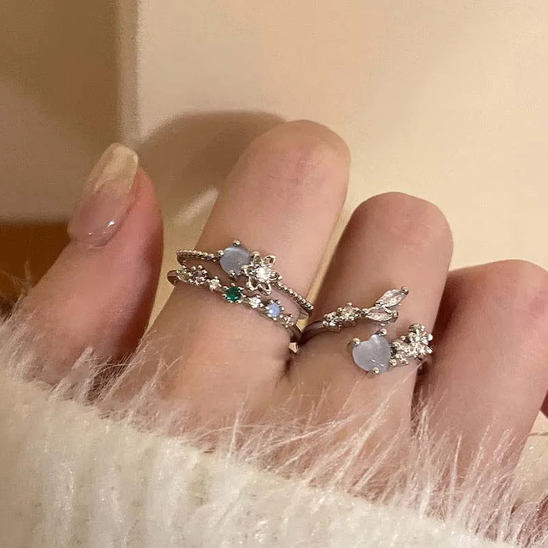 Fashion Blue Opal Heart Rings for Women Kpop Punk Gothic Open Flower Rhinestone Finger Rings Wedding Party Trendy  Jewelry