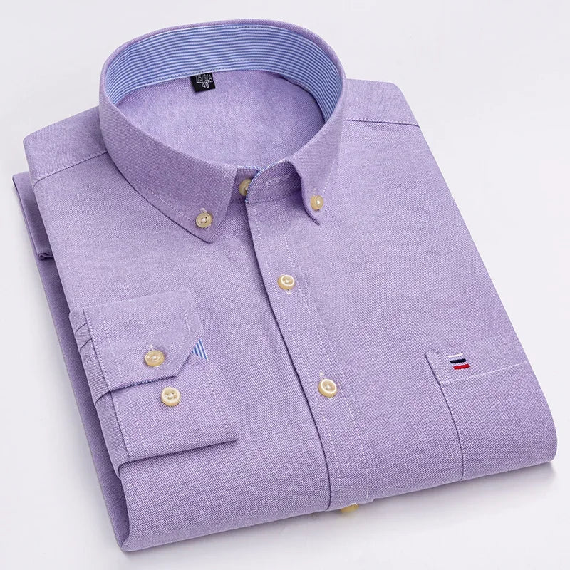 Pure Cotton Oxford Mens Shirt Long Sleeve Casual Plain Solid Regular Fit Classic Dress Shirt For Men
