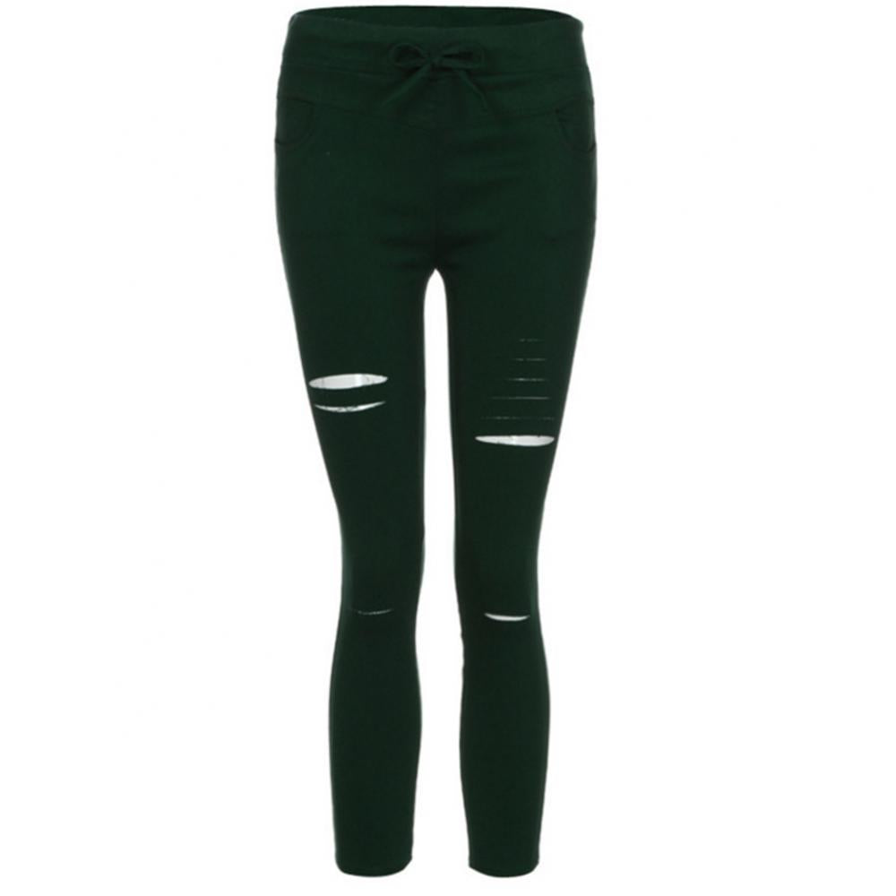 Solid Color Drawstring High Waist Pencil Pants Ripped Skinny Leggings High Waist Pencil Pants Ripped Skinny Leggings