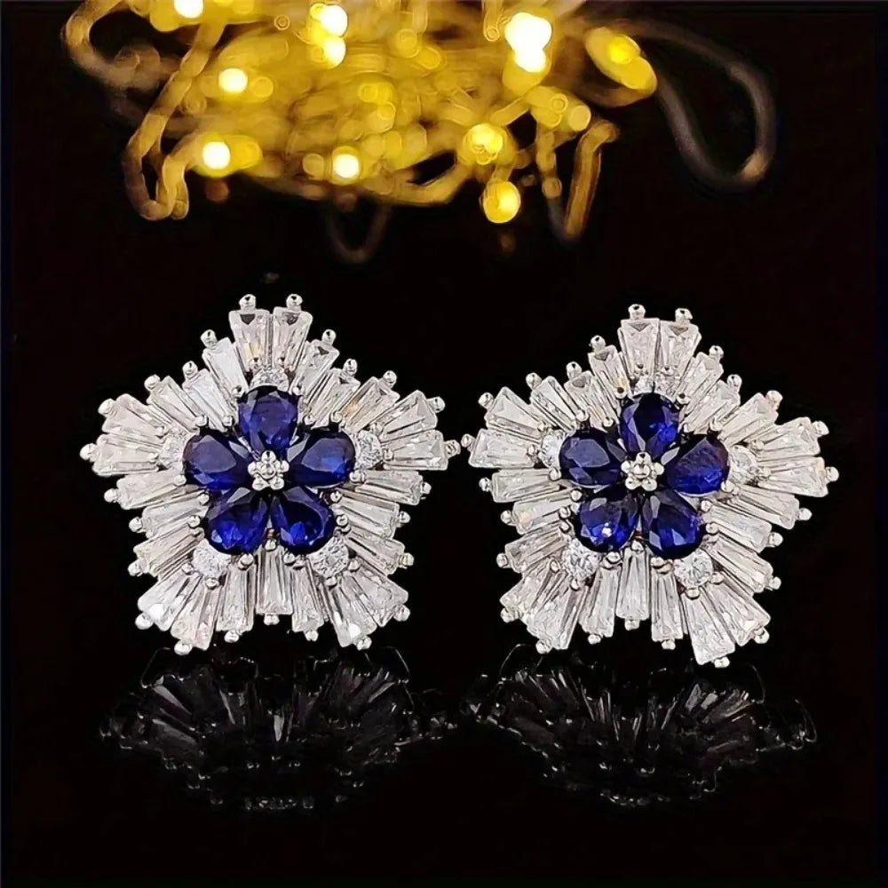 Gorgeous Blue Cubic Zirconia Stud Earrings, Fashion Jewelry for Women, Ideal for Engagement Wedding & Party Occasions