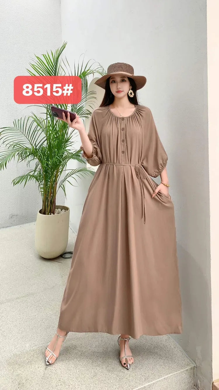 THHONE Summer Plus Size Dress Robe Solid Long Casual Loose Vintage Vestidos Para Mujer Oversized Dresses Half Sleeve Belt Pocket