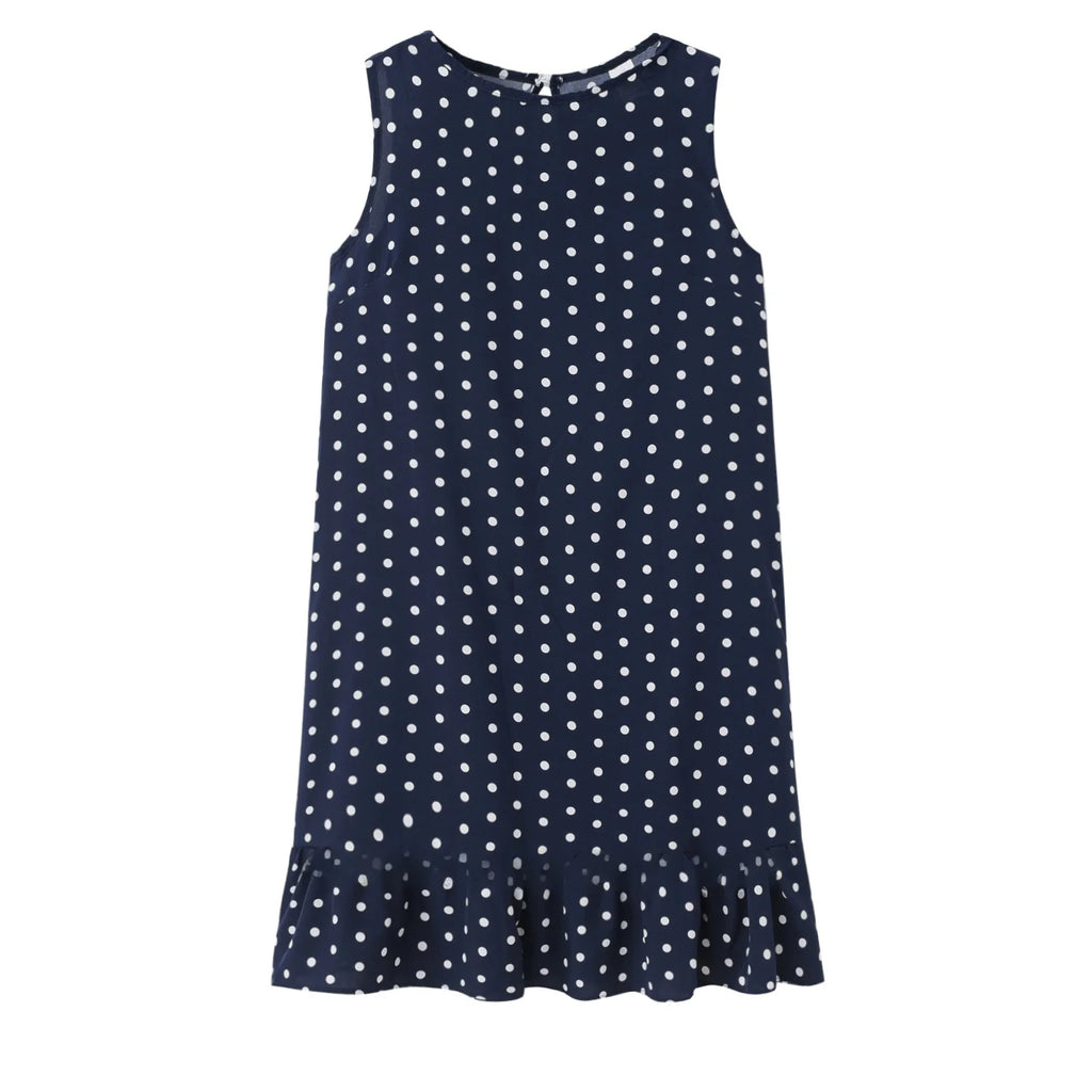 Summer 2020 round Neck Sleeveless Polka Dot Loose Fit Maxi Dress with Lace Hemline Full Body Length Polyester Fabric