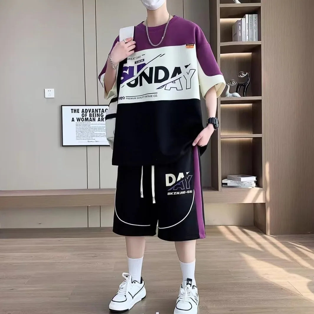 Summer Men'S Large Suit S-6Xl New Trendy Two Piece Set Korean High Street Fashion T-Shirt Shorts Tracksuits Designer Clothes Men