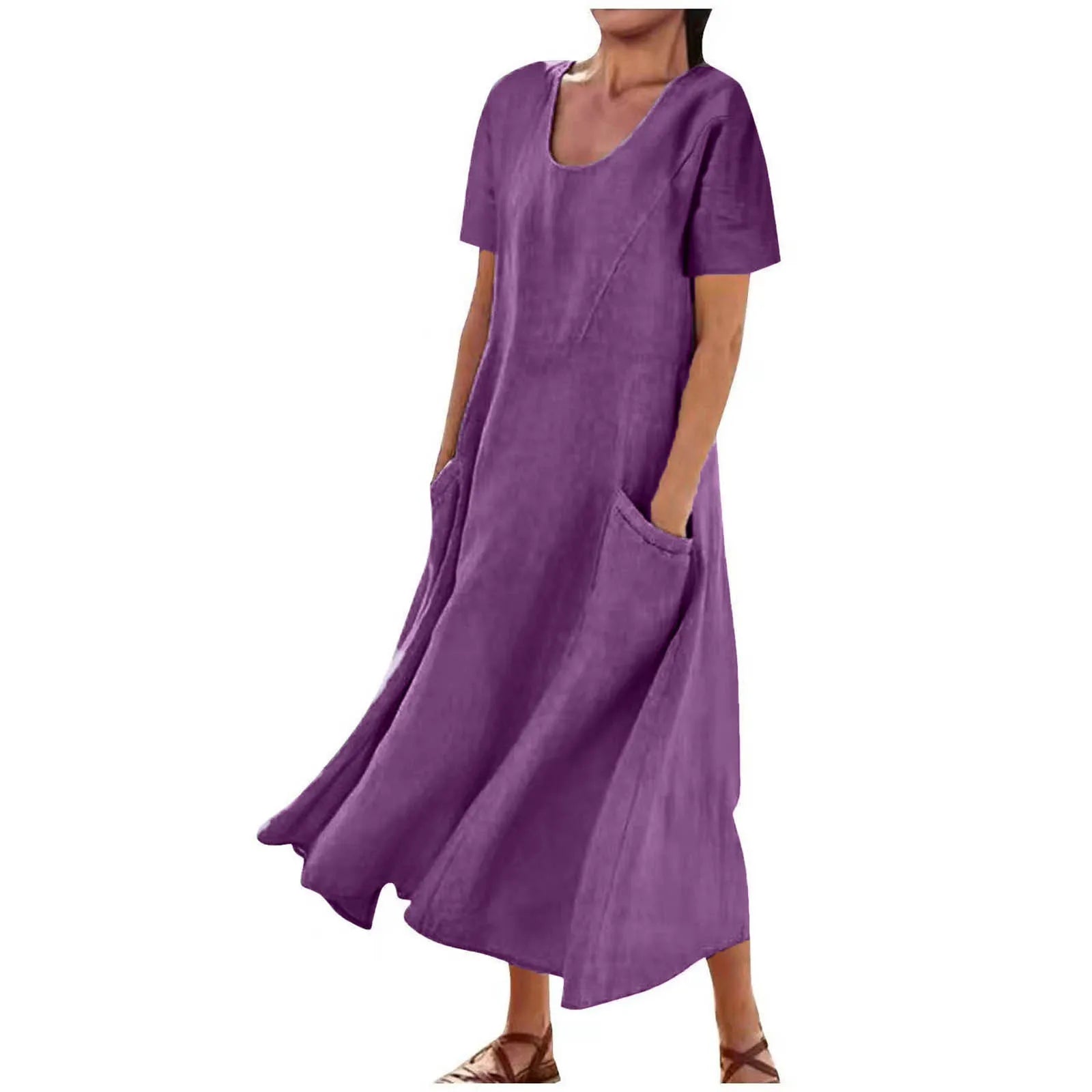 Women Solid Cotton Linen Round Neck Short Sleeve Loose Flowy Maxi Dress EU US Gown