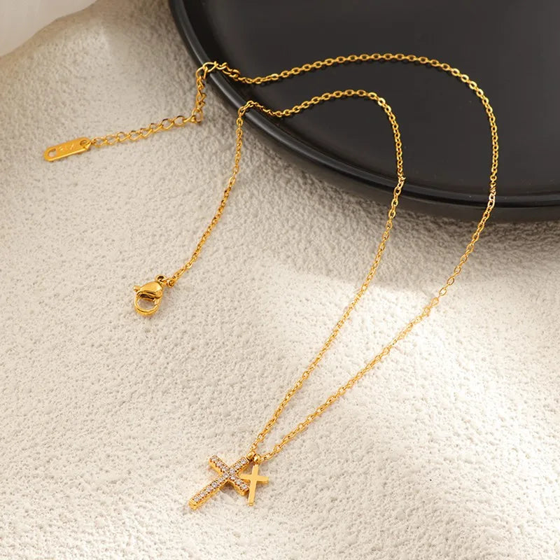 Stainless Steel Pave Cz Double Cross Pendant Chain Necklace For Women'S Girl