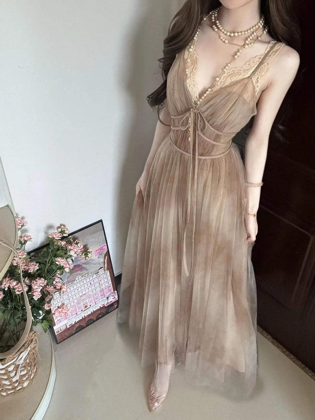 Chunshan Yuan Dai Lace Sleeveless Dress Net Collar Women's Summer New Style Casual Long Sleeve Dress with Inner Lace Shirt