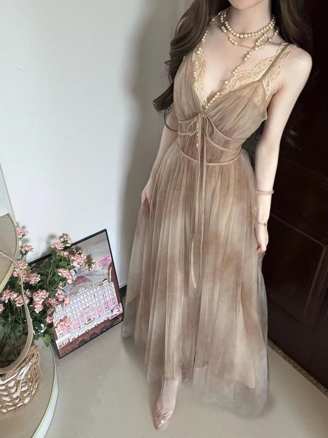 Chunshan Yuan Dai Lace Sleeveless Dress Net Collar Women's Summer New Style Casual Long Sleeve Dress with Inner Lace Shirt