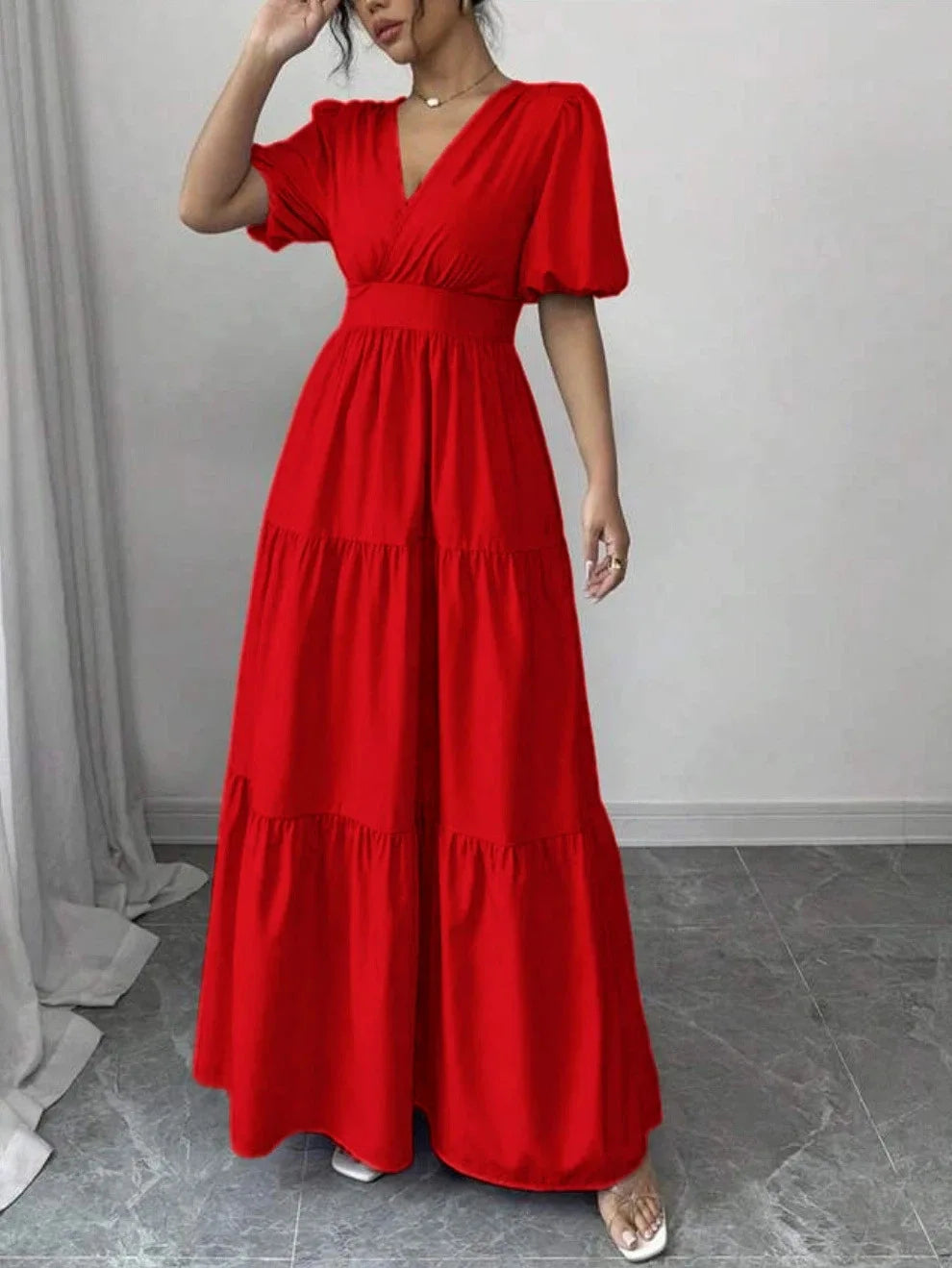 New Spring/Summer Fashion Casual Short Sleeve V-neck Solid Color Slim Fit Ankle Length Patchwork Fit And Flare Dress,2 Colors