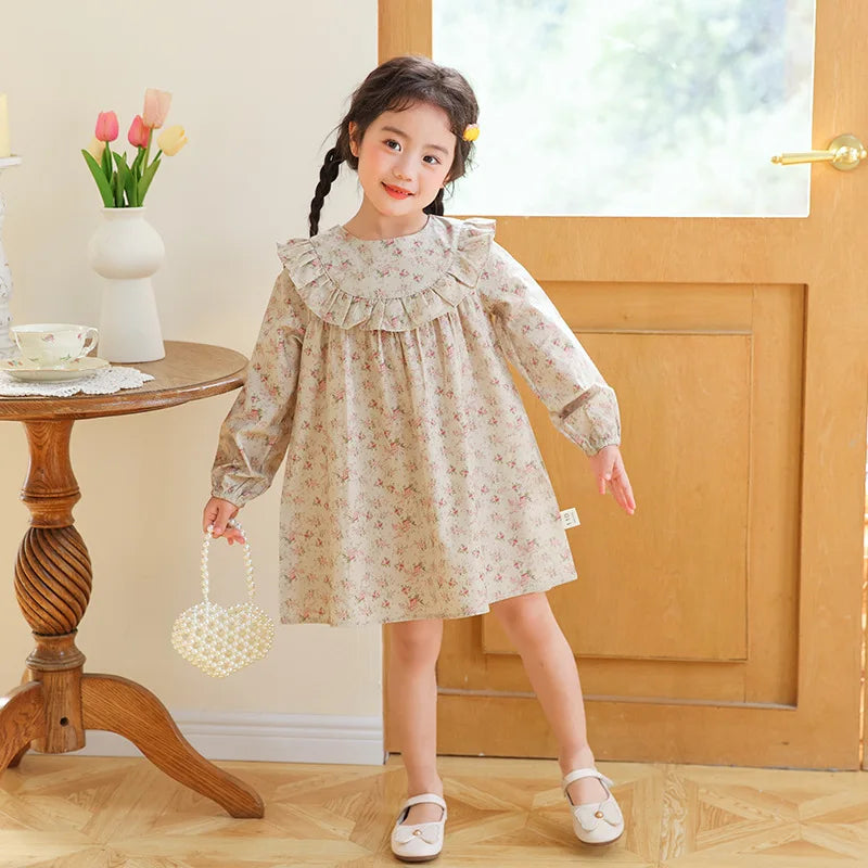 Children Girl Vintage Dress Spring Autumn Lace Turn Down Collar 2-8Y Princess Dress Fragment Flower Long Sleeve Baby Girls Dress