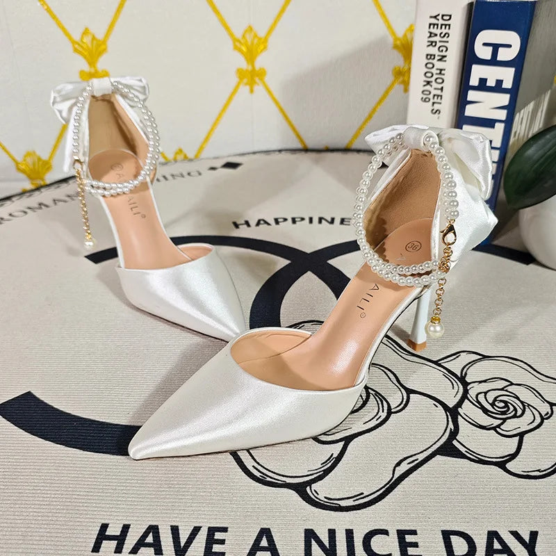 Plus 33-42 Pearl Ankle Strap Bow Heels Stiletto High Heels Women Pumps Wedding Shoes Bride Ladies Party Prom Closed-toe Sandals