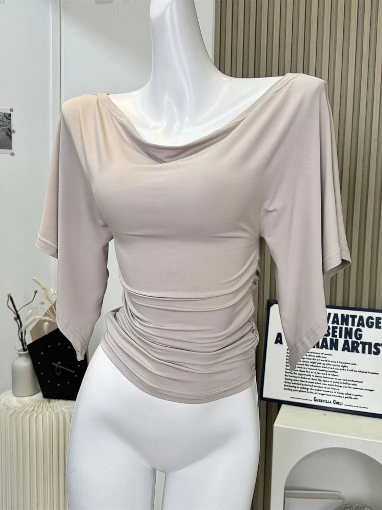 Sexy Summer Off Shoulder T shirt Women Elegant Batwing Short sleeve Cowl Neck Tops Korean Chic Tight Tshirt Lady Tees 2025 New