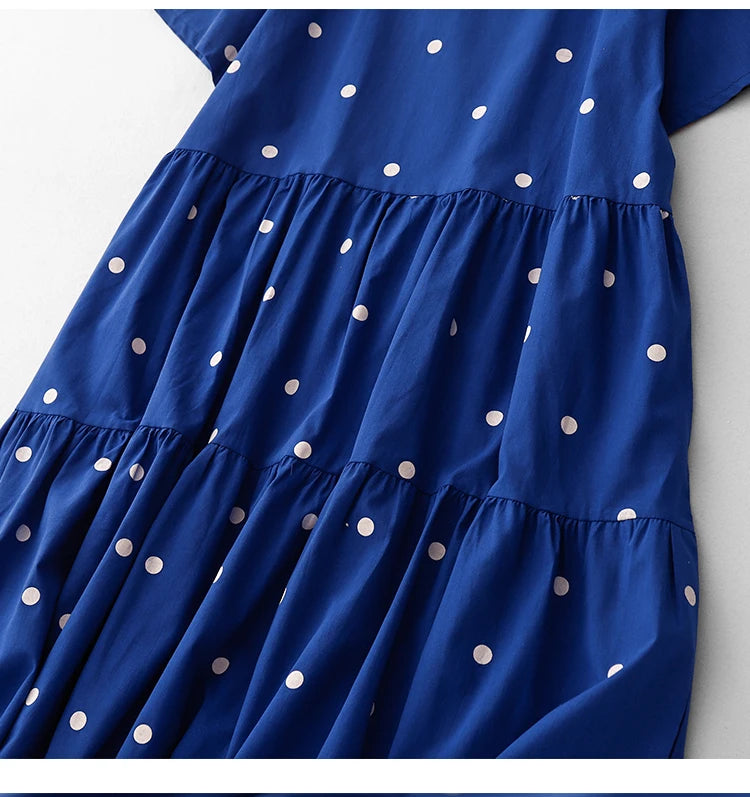 High-End Blue Pure Cotton Floral Print Dress Women's Summer 2025 round Neck Long Dress Polka Dot Skirt Comfortable A-Line