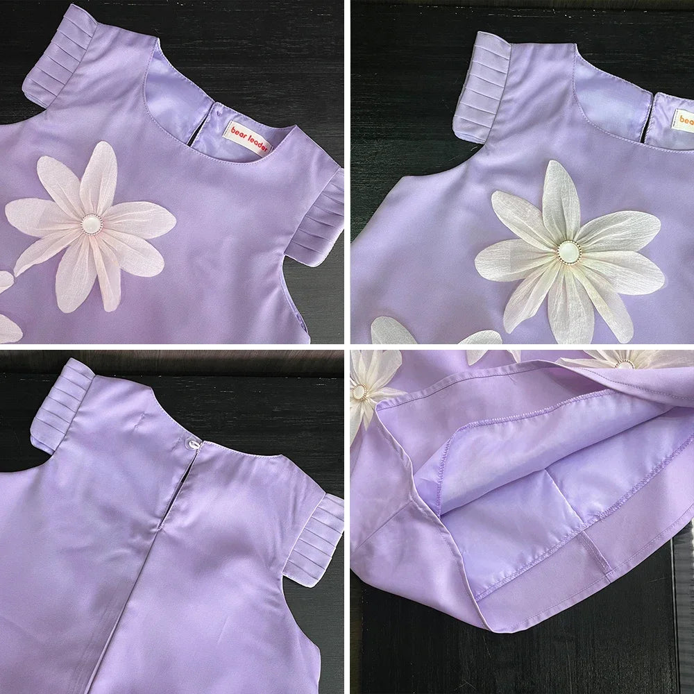 Summer New Girls' Casual Clothes Pleated 3D Flower Sleeveless Princess Dress Korean Version Solid Color Children 2-12 Years Old
