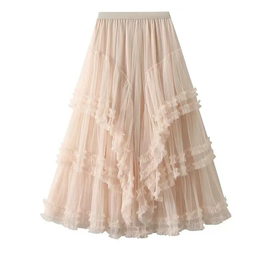 2026 Fashion Women High Waisted Floral Lace Tulle Puff Cake Skirt Vintage Ladies Loose Asymmetrical Long Skirts Women Clothes
