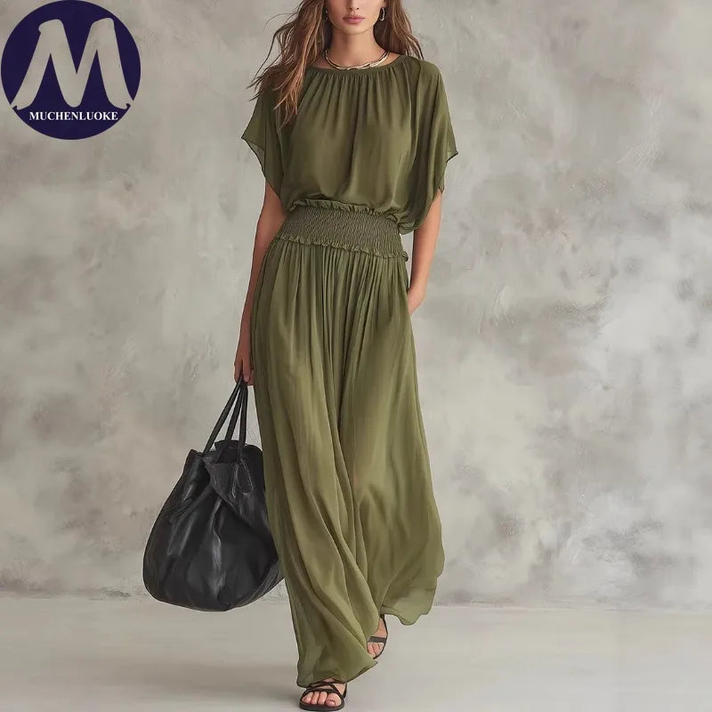Elegant High-Waisted Loose Dress for Women Summer Fashionable Casual O-Neck Batwing Short Sleeve Waist-Cinching Elegant Women's
