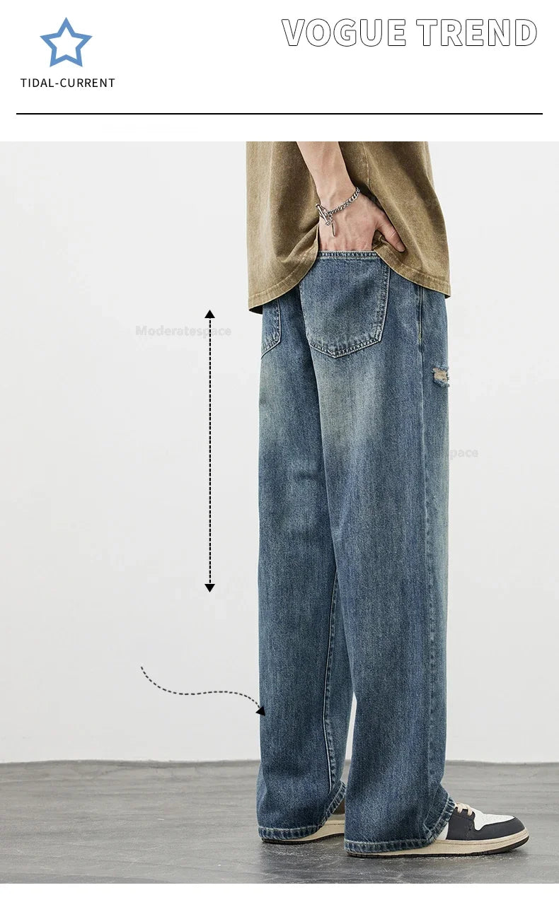 Korea Baggy Jeans Men's Vintage Straight Ripped Y2k Pants Fashion Frayed High Street Distressed Denim Trousers Male Clothes