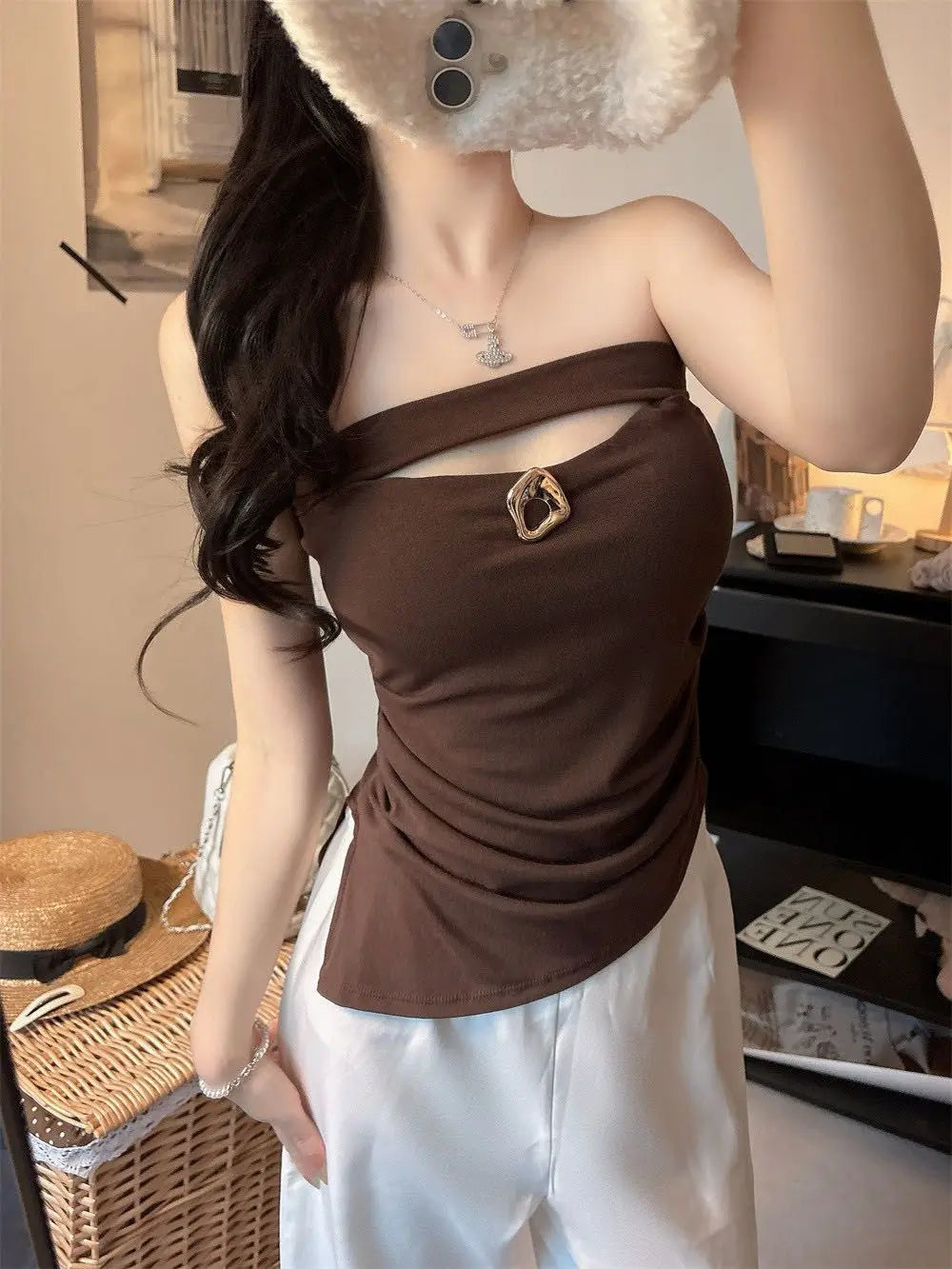 Sexy Slimming Red One-Shoulder Tube Top Women's Summer Fitted Hollow out Chest Pad Korean Style Thin T-Shirt Vest