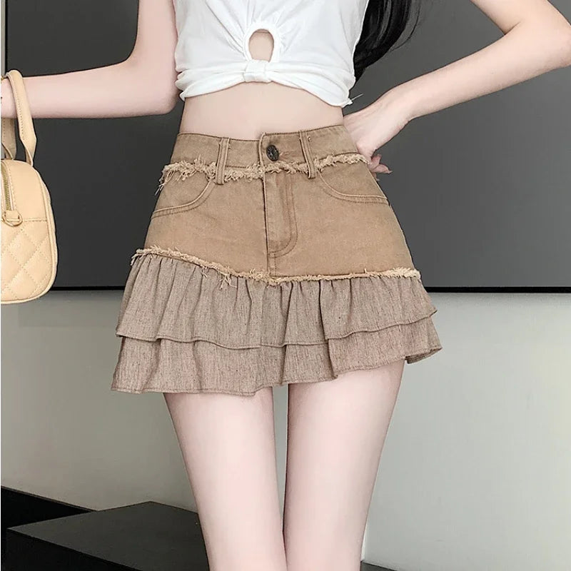 Fashion 2025 New Denim Patchwork Ruffle Denim Skirts Women Summer Retro High Waist Slim Skirts Woman