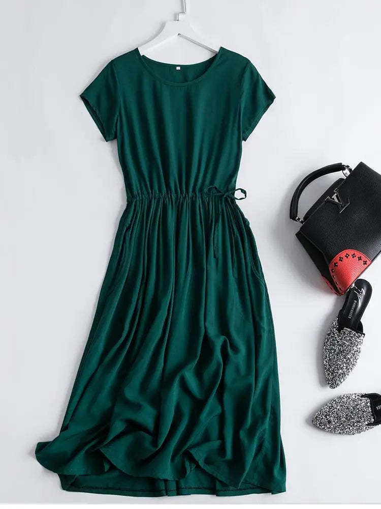 Cotton Silk Dress Women's Short Sleeved 2026 Summer New Ladies Slim Round Neck Temperament Beach Print Dresses