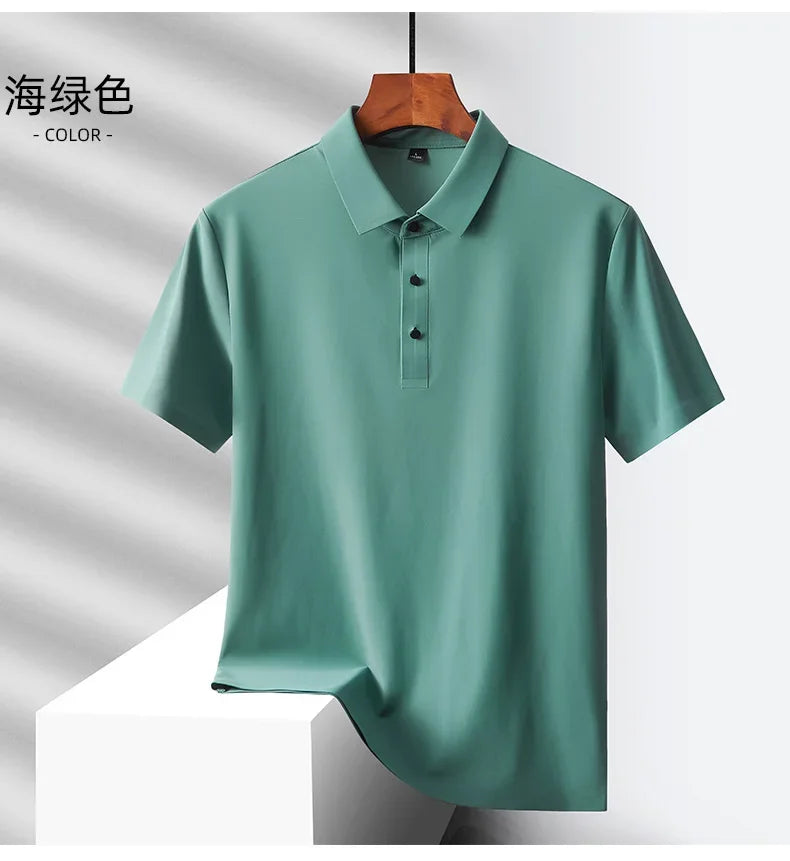 Summer Ice Silk Quick Drying Loose Polo Shirt Middle Aged Men's Solid Lapel Button Simple Versatile Casual Thin Short Sleeve Top