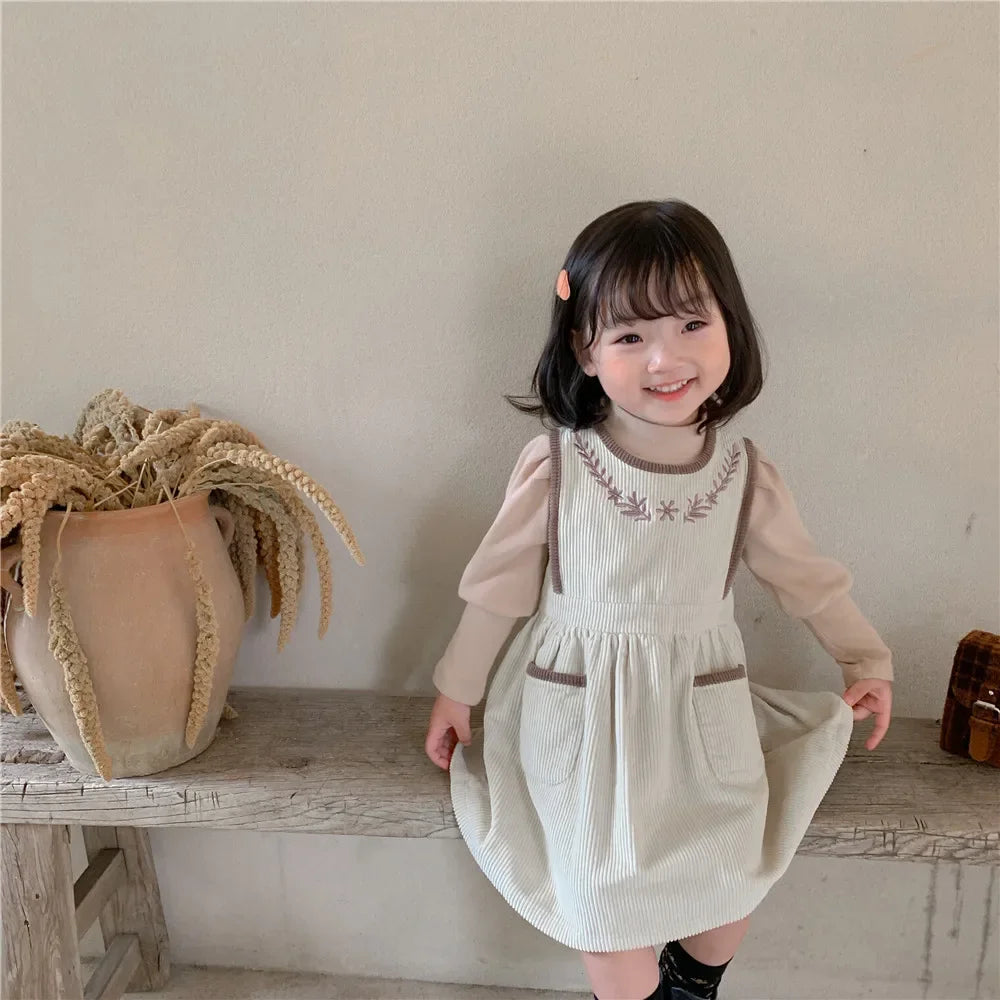 2025 Vinatge Baby Corduroy Sleeveless Dress Little Girls Sundress and Long Sleeve Tops Autumn Winter  Two Piece Set Children