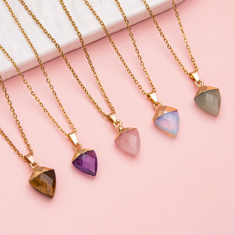 1pc stainless steel adjustable natrual crystal stone gemstone agate Section triangular column simple cusp pendant necklace