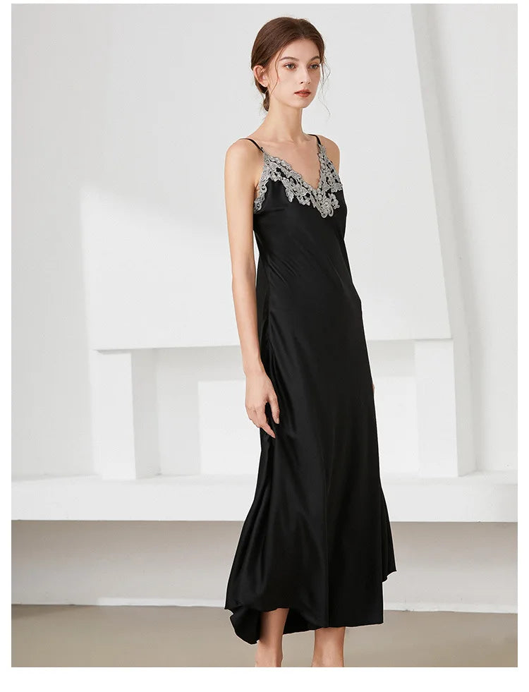 1 PCS Women's Silk Like Lace Sexy V Neck Long Sling Sleep Dress Pajamas Elegant Soft Skin-Friendly Fashion Home Wear