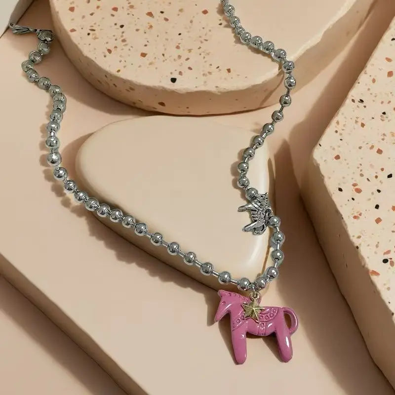 Lats White Black Green Blue Pink Color Enamel Colt Horse Pendant Necklaces For Women'S Silver Plated Alloy Beads Chain Chokers
