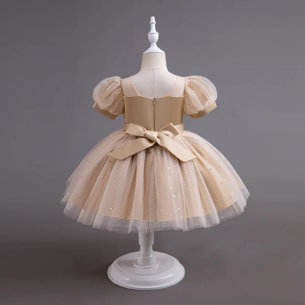 HETISO Pearls Bowknot Kids Girls Dresses Summer Tulle Vintage Elegant Princess Party Gown Children's Gift