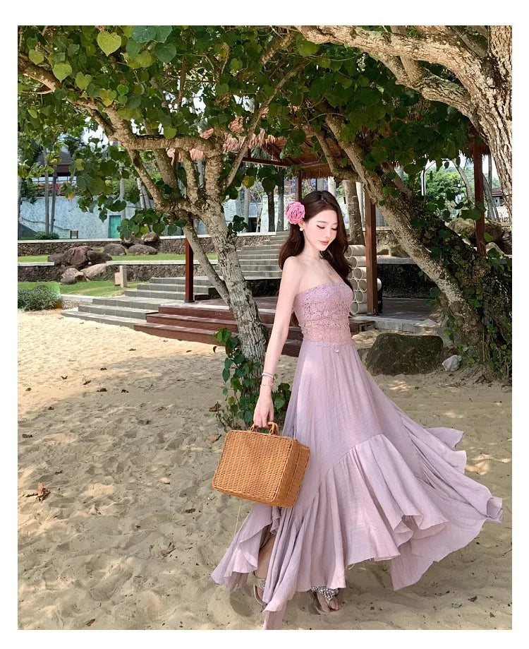 Slimming Dry Rose Splicing Tube Top Beach Dress Women's Style Long A-Line Skirt High Waist No Sleeve Shoulderless Polyester