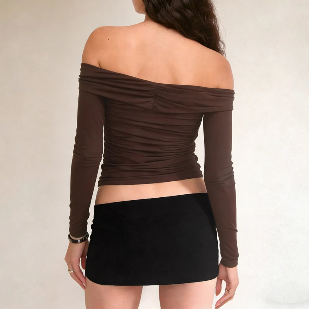 Sexy Off-the-shoulder Pleated V-neck T-shirt Women's Slim-fit Solid-color Top with Metal Buttons
