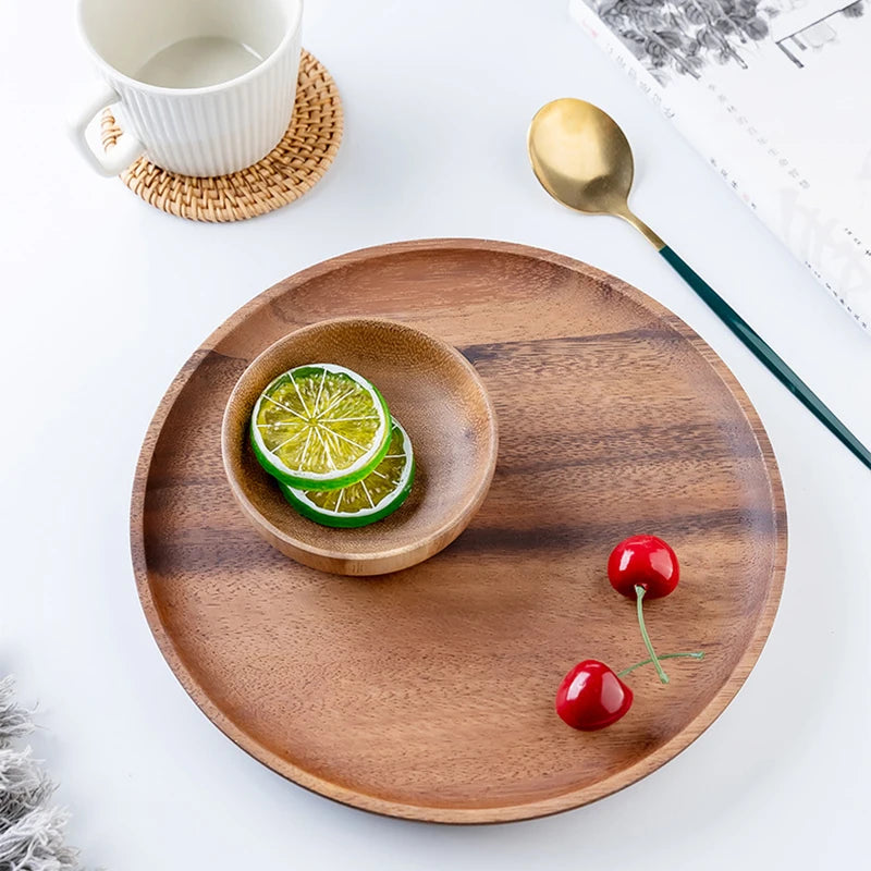Wooden Dinner Plates Household Round Coffee Tray solid wood Tea saucer ins Japanese style dim sum For Food Snack Dishs