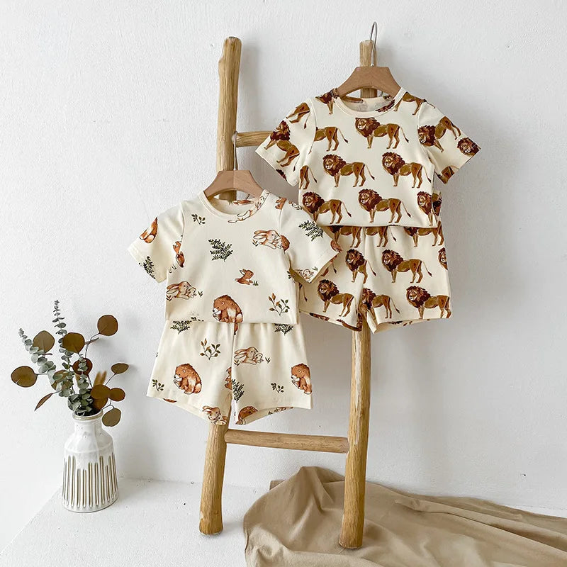 2Pcs Ins New Summer 2025 Full Print Soft Kids Clothing Set Boys Clothes Suit Pure Cotton Tee A 4Nd Shorts Chidren Track Suit