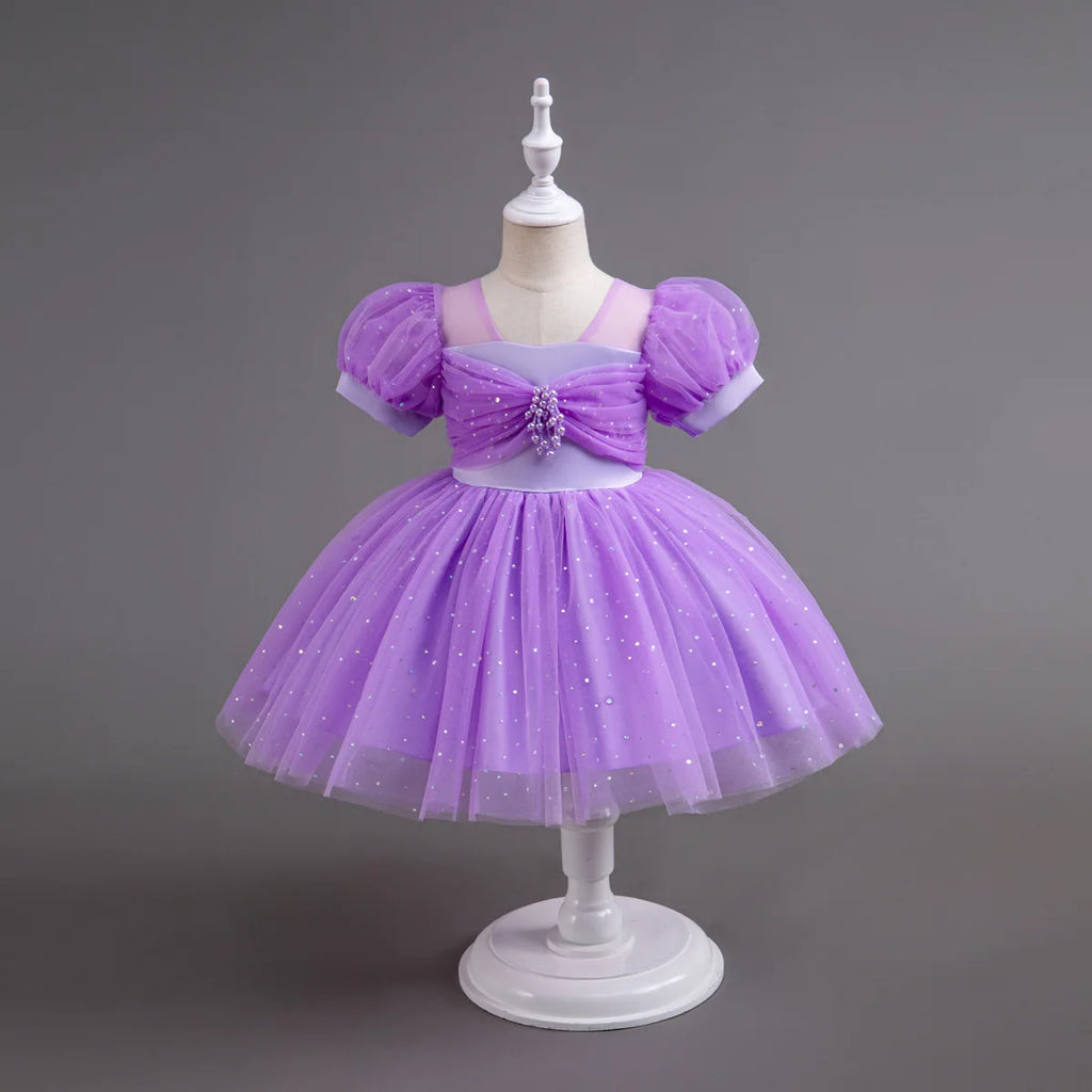HETISO Pearls Bowknot Kids Girls Dresses Summer Tulle Vintage Elegant Princess Party Gown Children's Gift