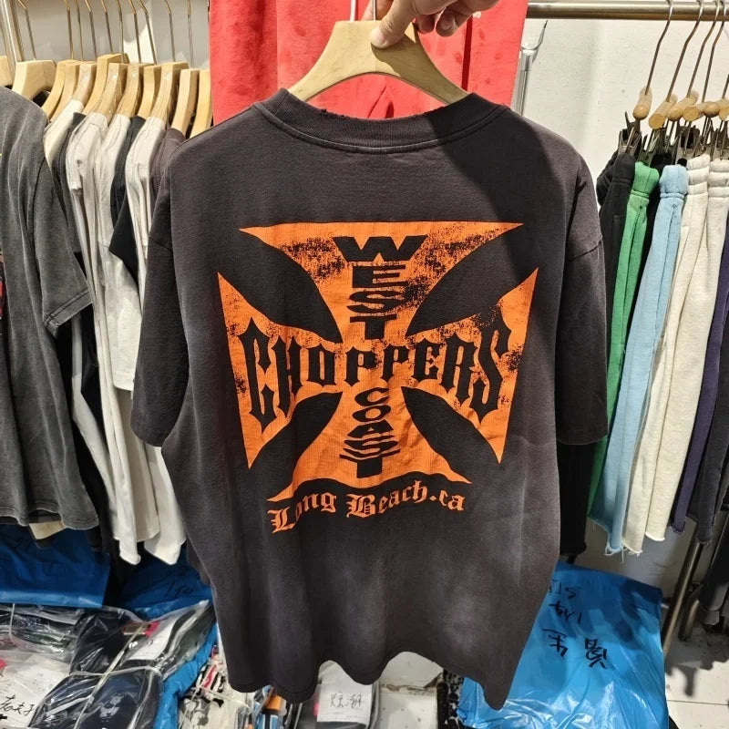 Summer Vintage West Coast Choppers Printed Washing T-Shirt Women'S Cotton Breathable Retro Biker Style Loose Fit Casual Streetwear
