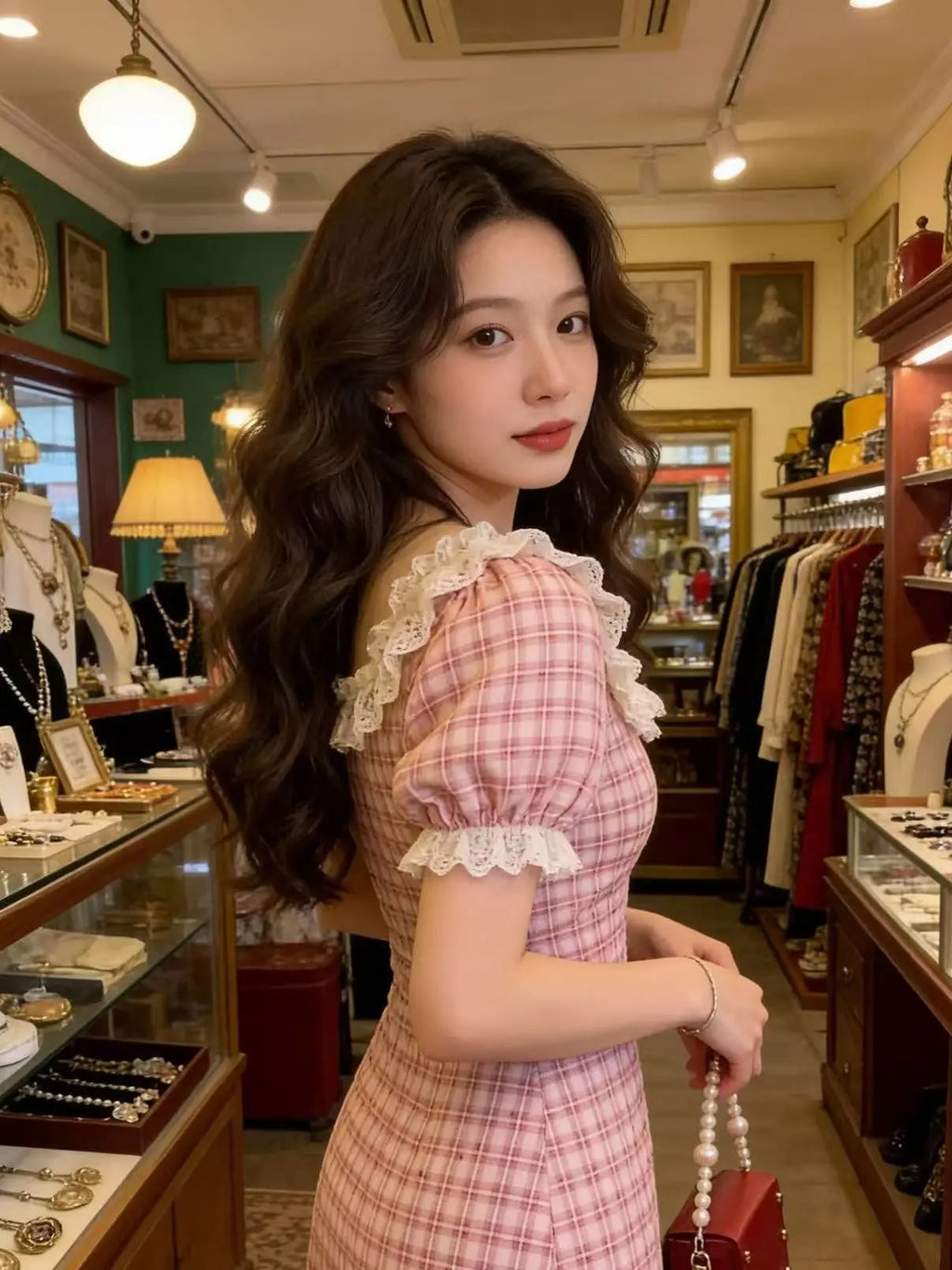 Pink Lace Bubble Sleeve Dress Women's Summer Gentle Style Ultra Beautiful Plaid Slimming Long Dress High Waist A-Line Skirt