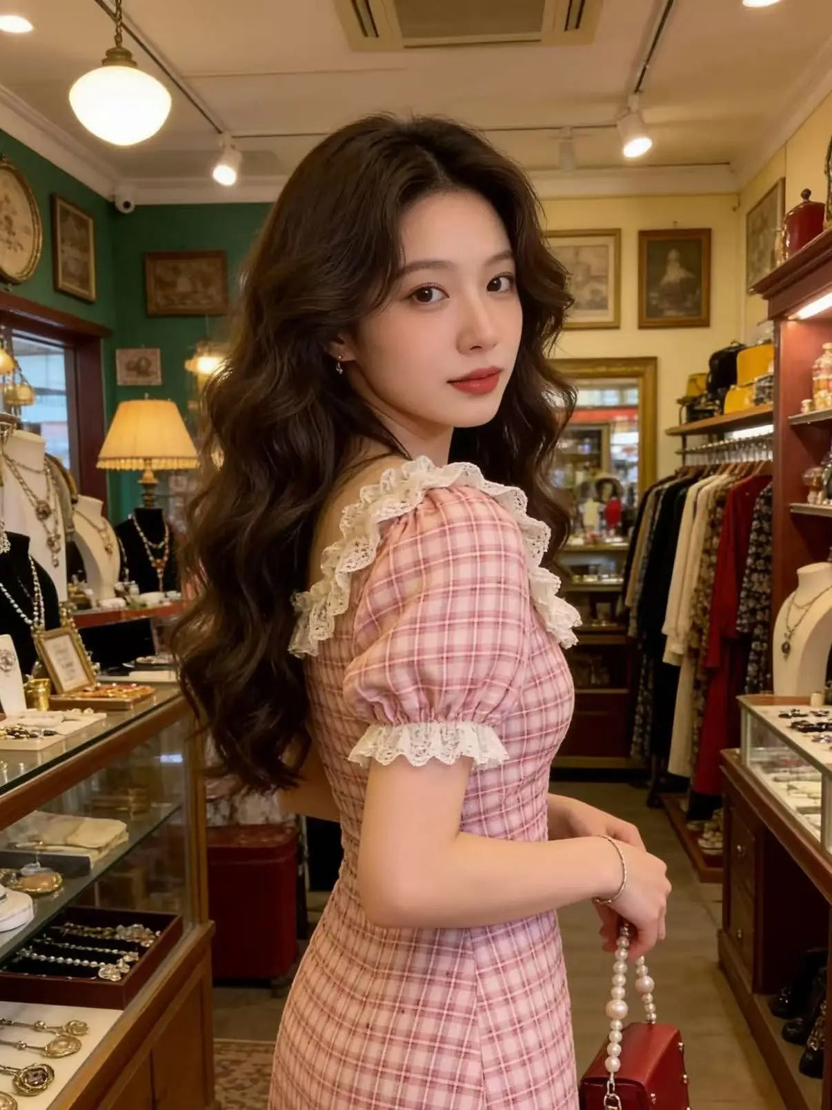 Pink Lace Bubble Sleeve Dress Women's Summer Gentle Style Ultra Beautiful Plaid Slimming Long Dress High Waist A-Line Skirt